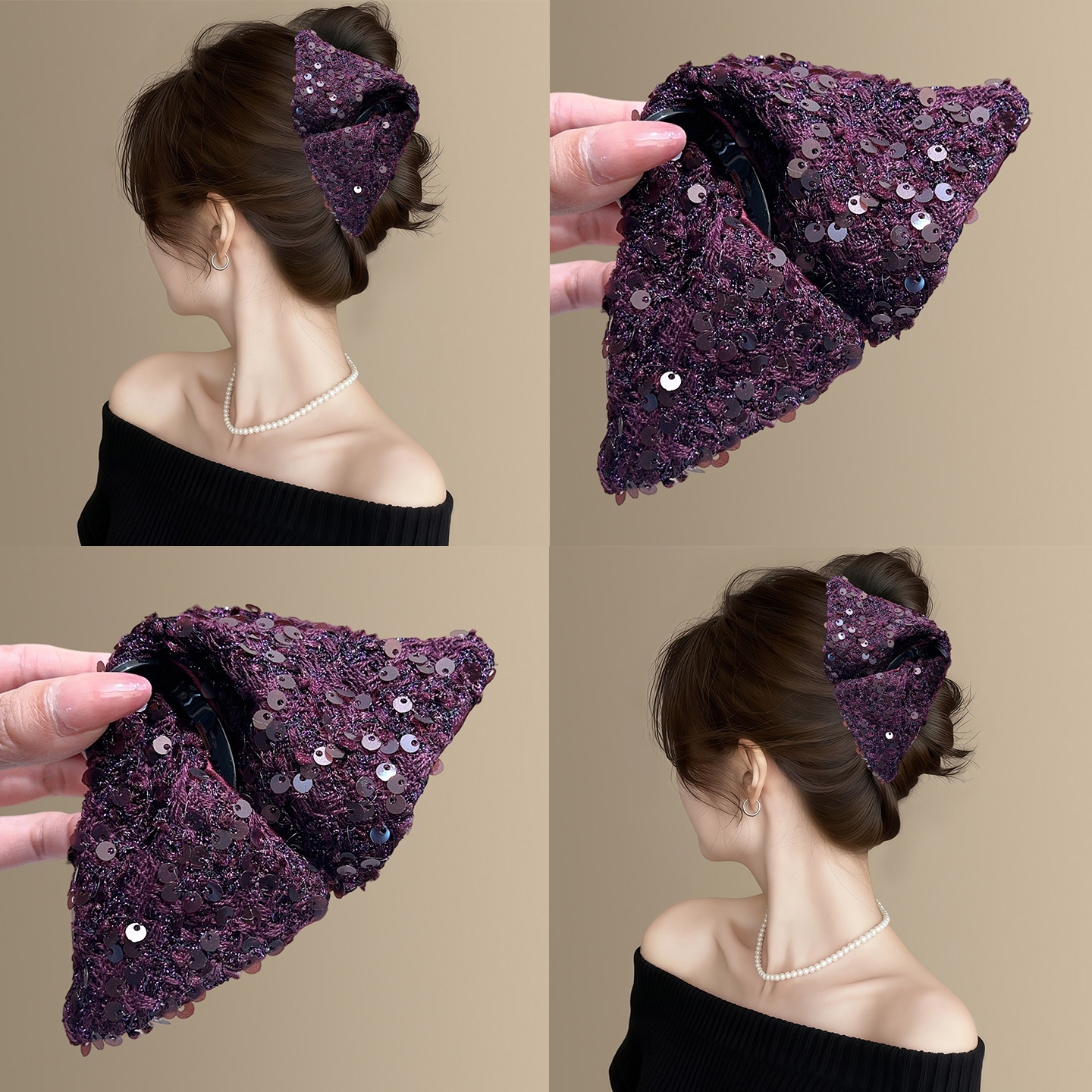 《芙罗曼语》小香风毛呢亮片抓夹秋冬复古洋气马尾夹鲨鱼夹旅行夹,户外/登山/野营/旅行用品,旅行发卡,淘宝优惠券,粉丝福利购,淘宝优惠卷