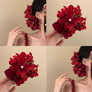 「花牵梦绕」超仙红色蝴蝶花朵侧边夹新中式古风喜庆盘发头花发饰