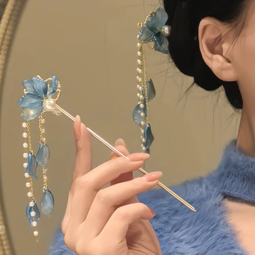 冰清玉｜清冷感蓝色花瓣流苏发簪