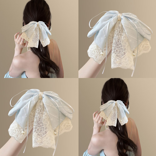 微风浅蓝色~温柔蕾丝蝴蝶结发夹