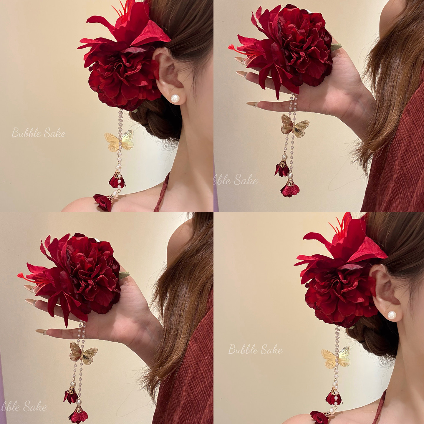 娇艳涟漪~氛围感红色花朵蝴蝶流苏发夹夏日海边侧边夹子盘发头花,饰品/流行首饰/时尚饰品新,发饰,淘宝优惠券,粉丝福利购,淘宝优惠卷