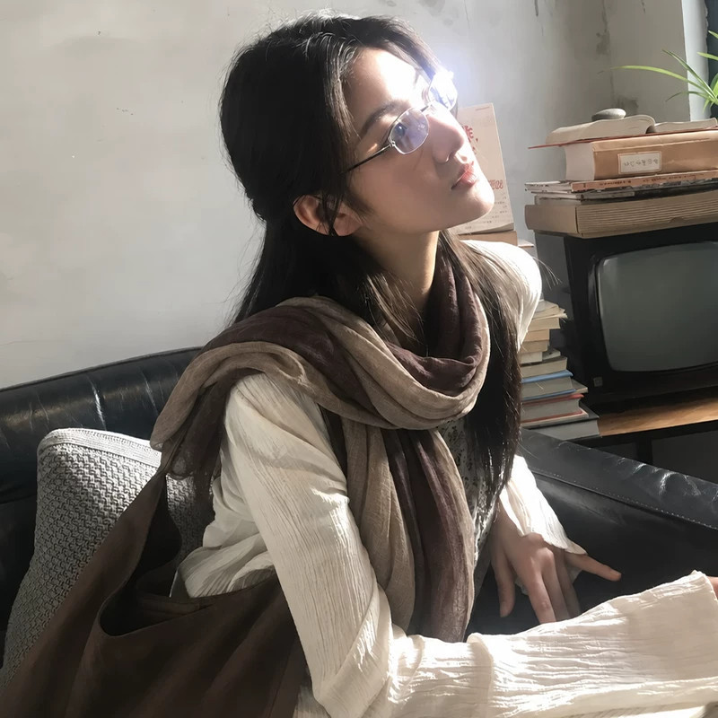 复古文艺风咖棕棉麻围巾氛围感