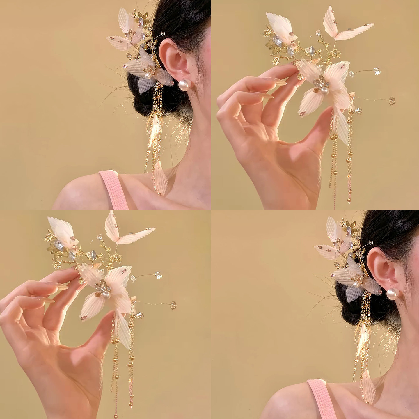 薄雾寻花~氛围感粉花瓣流苏发夹