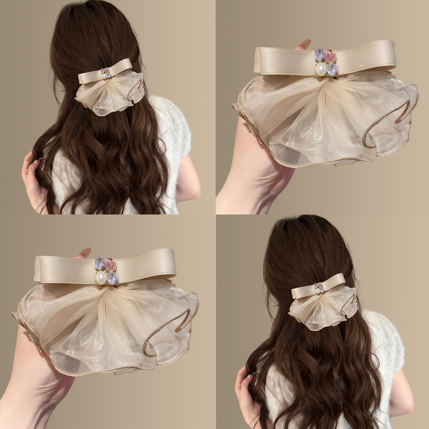 舞会恋曲~千金感香槟色网纱裙摆弹簧夹优雅气质水钻蝴蝶结发夹子