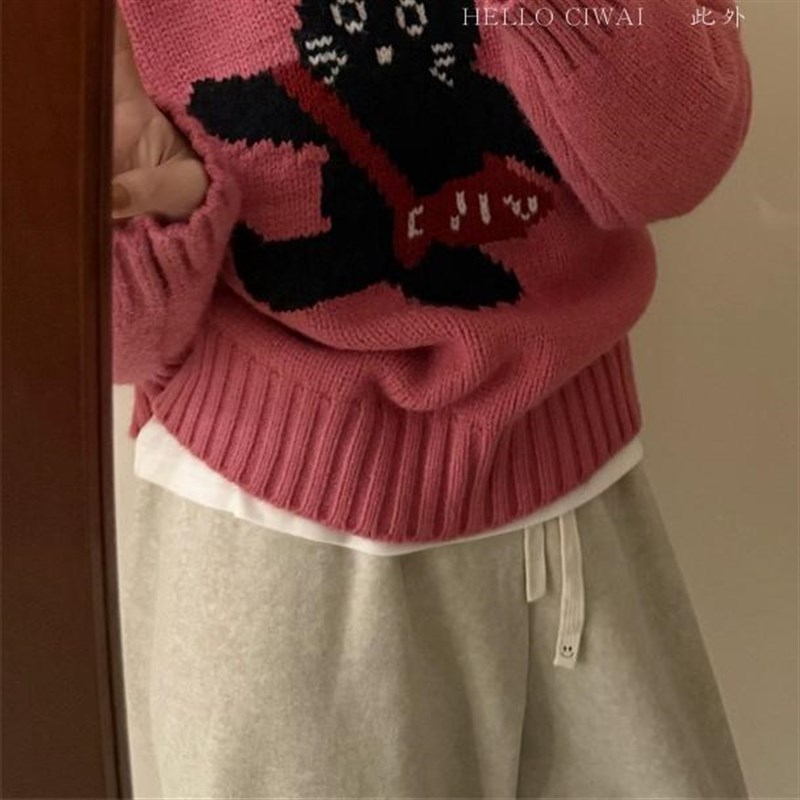 此外 胸前可爱猫咪套头毛衣女冬季新款可外穿休闲韩版针织上衣潮