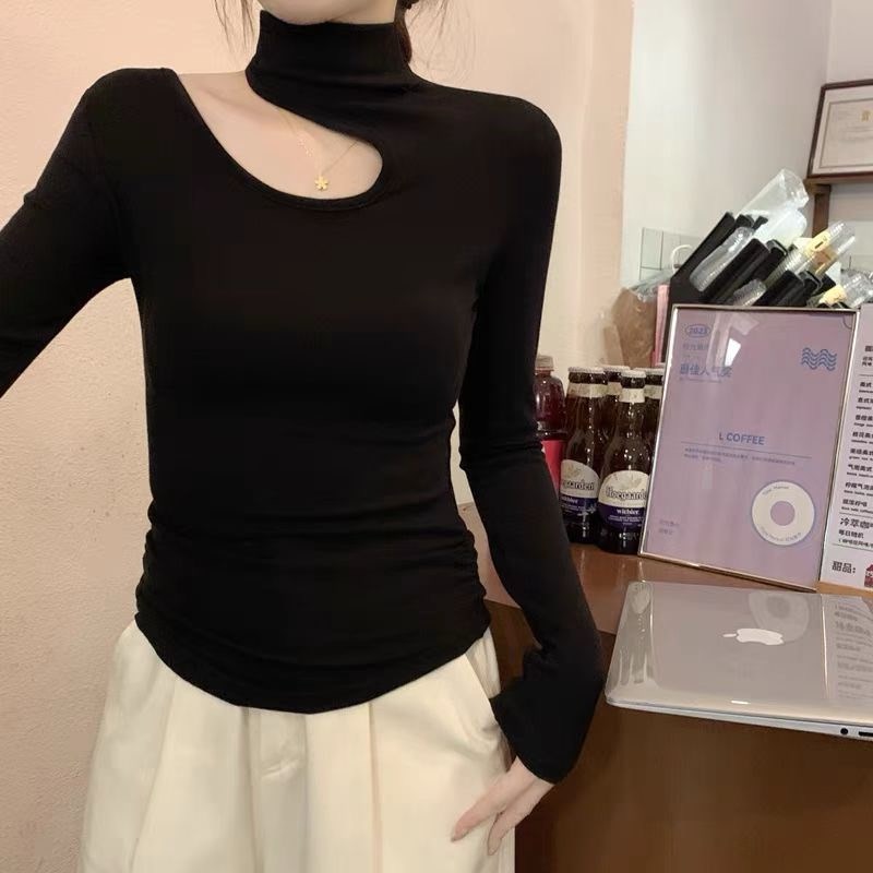 大码磨毛半高领长袖t恤女秋冬季新款胖mm镂空锁骨加绒内搭打底衫