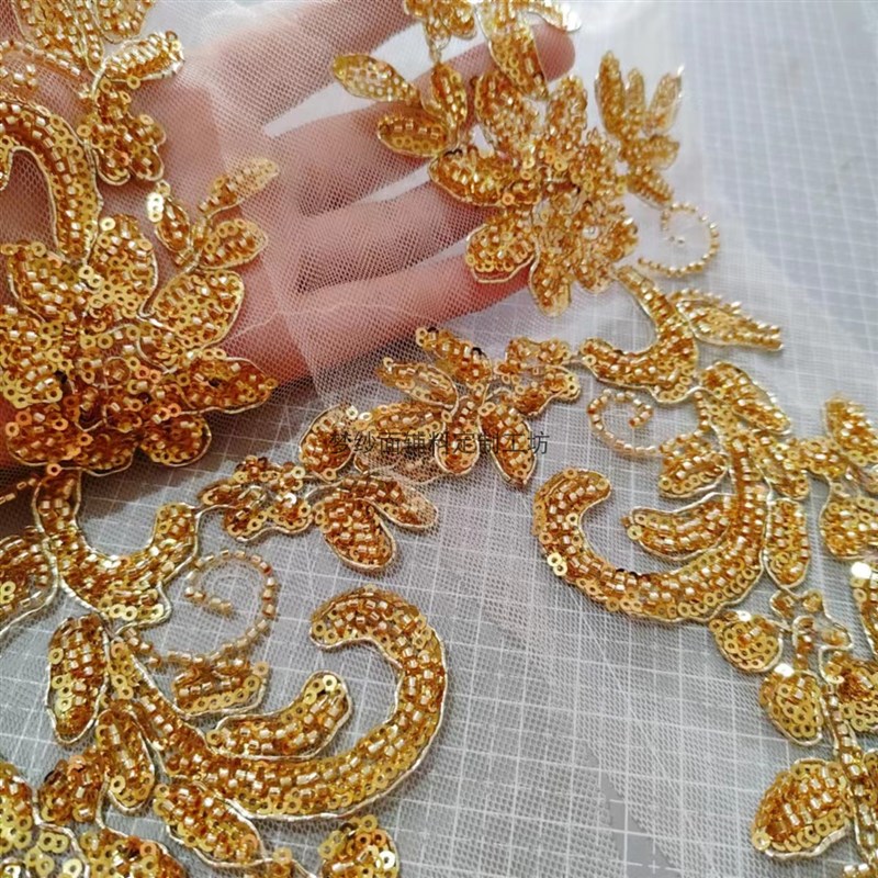 金色珠绣对花加股线布贴 新娘婚纱礼服秀禾汉服旗袍辅料 新品上市