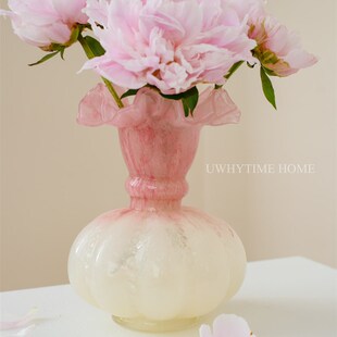 无为时间馆温柔粉色中古芬顿风渐变复古法式手工琉璃花瓶插花摆件