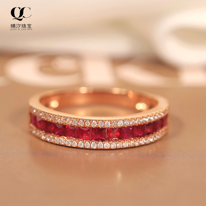 天然红宝石戒指经典时尚18K玫瑰金镶嵌鸽血红排戒百搭彩宝女戒