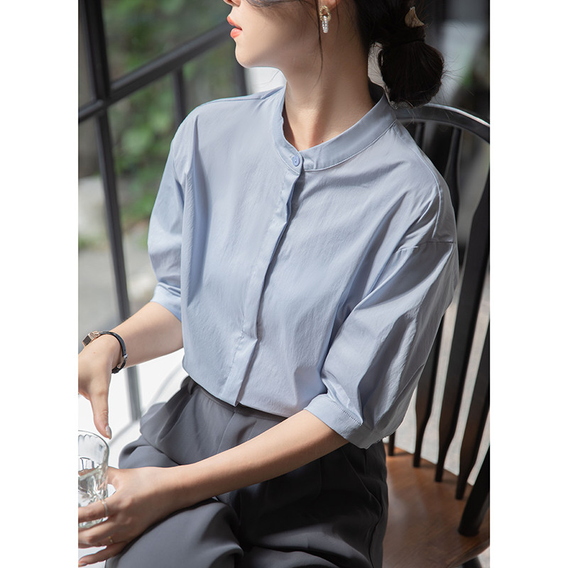 蓝色五分袖立领衬衫女夏设计感宽松中袖衬衣职业通勤面试棉质上衣