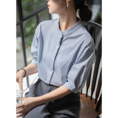衬衣职业通勤面试棉质上衣 女夏设计感宽松中袖 蓝色五分袖 立领衬衫