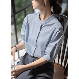 蓝色五分袖立领衬衫女夏设计感宽松中袖衬衣职业通勤面试棉质上衣