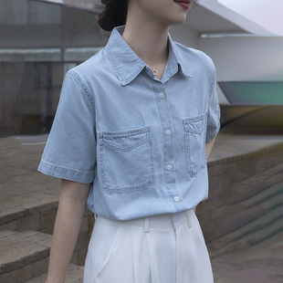 浅蓝色软牛仔衬衫女夏季薄款设计感短袖牛仔衬衣通勤小个子上衣潮