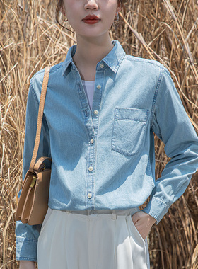 浅蓝色牛仔衬衫女春秋2026年新款内搭叠穿设计感不卷边正肩软衬衣