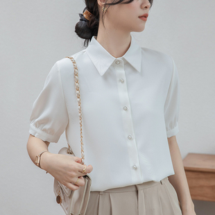 雪纺白色短袖衬衫女夏装2024年新款通勤正装衬衣工作服小个子上衣