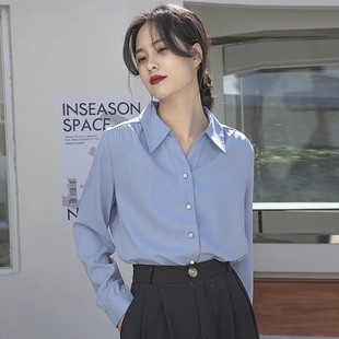 面试宽松衬衣 春秋设计感V领通勤上衣职业正装 蓝色雪纺衬衫 女长袖