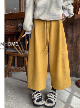 黄色加绒毛呢阔腿裤女冬季2026新款高腰休闲小个子八分弯刀奶奶裤