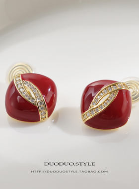 安可拉红色方形微镶钻耳环爆款女轻奢高级感独特耳钉气质名媛耳饰