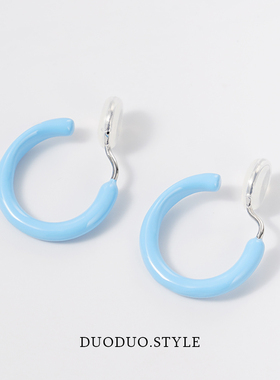 马卡龙蓝色手工滴油耳环女无耳洞C型蚊香盘耳夹通勤高级个性耳饰