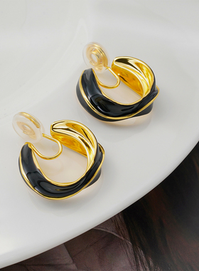 法式复古耳环黑色滴釉圈圈无耳洞耳饰女轻奢小众高级感蚊香盘耳夹