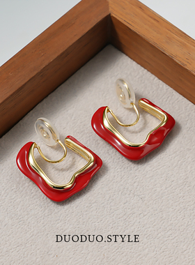 新款秋冬红色滴釉环形耳环女无耳洞蚊香盘耳夹时尚不规则几何耳饰