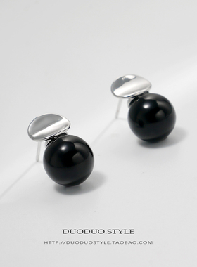 法式简约黑色玻璃珍珠耳钉新款2024爆款百搭耳环女轻奢高级感耳饰
