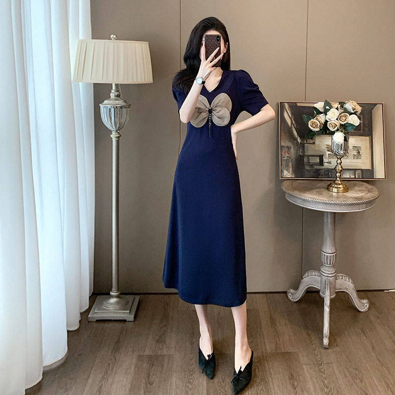 高级感蓝色短袖连衣裙女