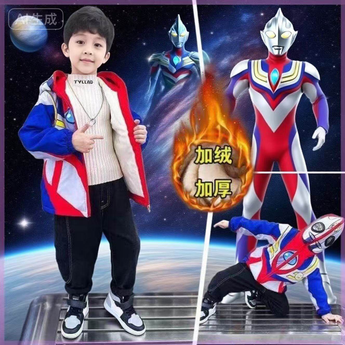 迪迦奥特曼二棉冲锋衣内胆加绒2026新款棉衣男童发光秋冬眼镜衣服