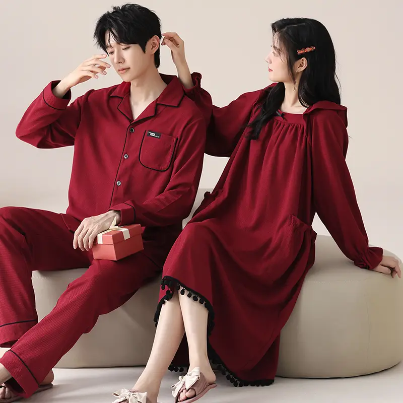 红色情侣睡衣纯棉春秋季长袖睡裙女新婚结婚本命年婚礼大码家居服