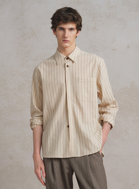 SageSalt 棕红色木棉混纺条纹男女长袖衬衫  1036ST