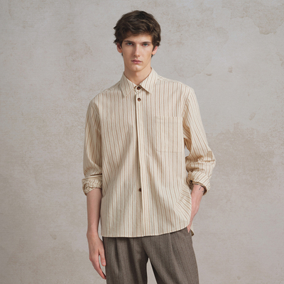 SageSalt 棕红色木棉混纺条纹男女长袖衬衫  1036ST