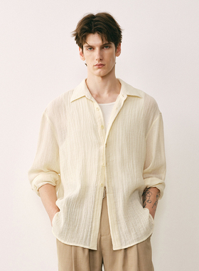 「春夏新品」SageSalt 本白色 棉与苎麻 碎褶长袖衬衫 1045CR