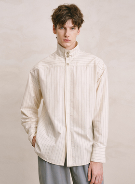 SageSalt 棉麻条纹立领男女长袖衬衫亲肤爽滑1040ST