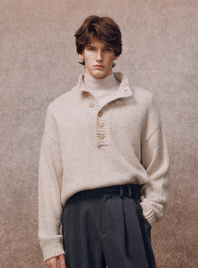 「秋冬新品」杏仁灰色门襟纽扣套头毛衣 7024GY