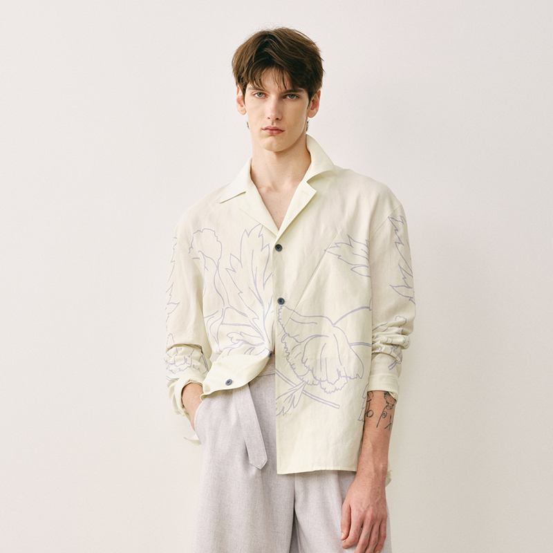 「春夏新品」SageSalt 真丝亚麻 线条印花古巴领长袖衬衫1041FL
