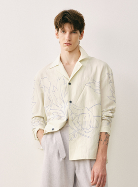 「春夏新品」SageSalt 真丝亚麻 线条印花古巴领长袖衬衫1041FL