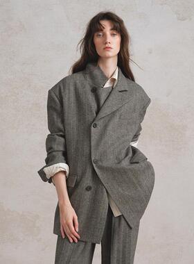 SageSalt羊毛混纺人字纹戗驳领西装领口多造型6033HE