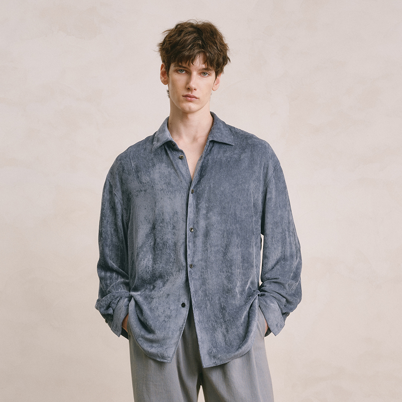 SageSalt 海蓝色空气洗灯芯绒 男女长袖衬衫 褪色肌理1041BL