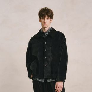 「25早春」SageSalt 6049BK 黑色棉混纺灯芯绒拼接夹克