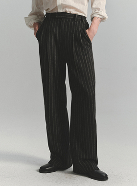 SageSalt 早秋限定系列 炭黑色羊毛混纺条纹男女西裤 3026BS