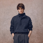 「秋冬新品 7024BL 」深海蓝色门襟纽扣套头毛衣