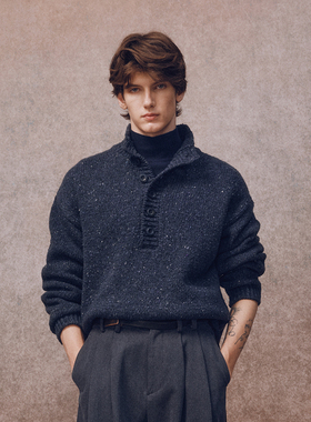 「秋冬新品」深海蓝色门襟纽扣套头毛衣 7024BL