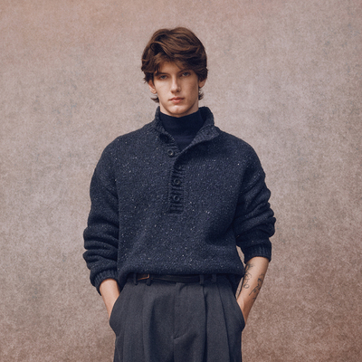 「秋冬新品」深海蓝色门襟纽扣套头毛衣 7024BL