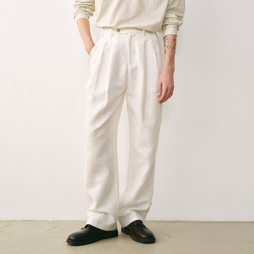 「春夏新品」SageSalt 白色亚麻双褶透气长裤 3037WT