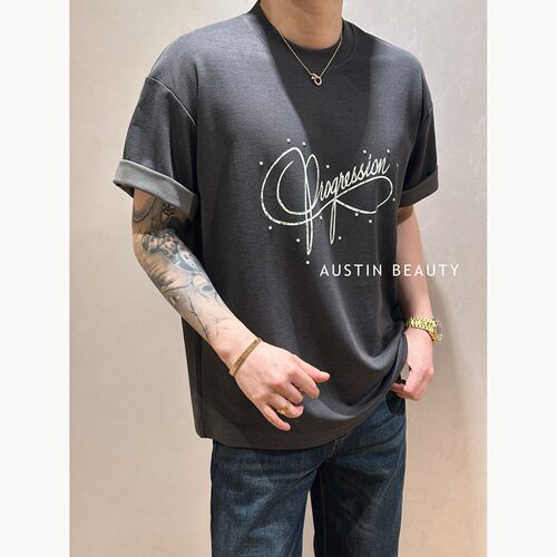 AUSTINBEAUTY【星线流章】男士烫珠印花T恤高级感宽松休闲短袖夏