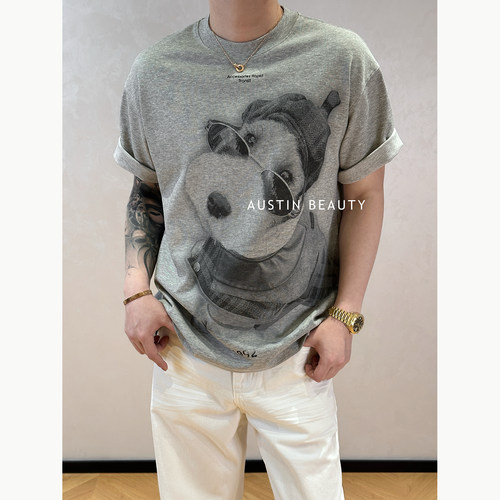 AUSTINBEAUTY【素描犬像】水洗棉复古印花T恤松弛感男士休闲短袖