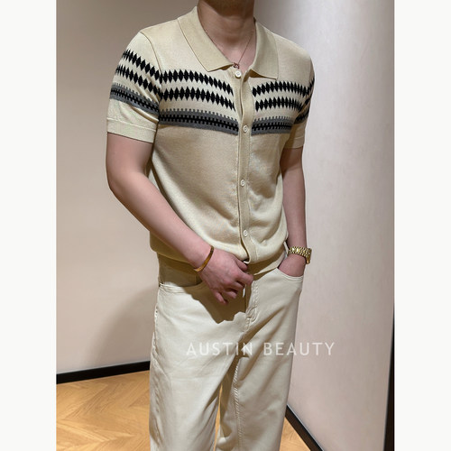 AUSTINBEAUTY【复古格序】夏季菱格拼色翻领开衫针织短袖百搭通勤