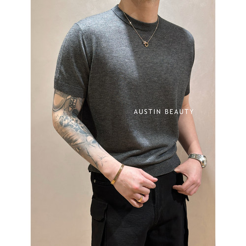 AUSTINBEAUTY 【风禾简序】羊毛混纺高定纱线显贵针织短袖T恤休闲