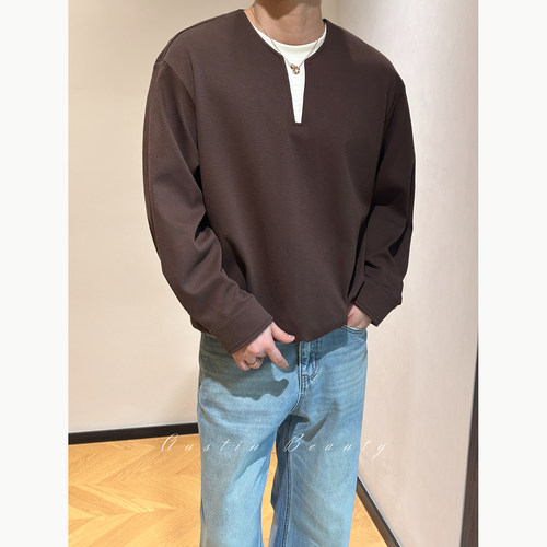 AUSTINBEAUTY【秋川漫行】简约 V型假两件落肩长袖上衣休闲松弛感