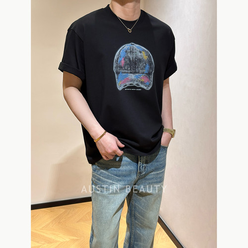 AUSTINBEAUTY【彩帽涂鸦】复古做旧棒球帽印花夏季圆领宽松短袖